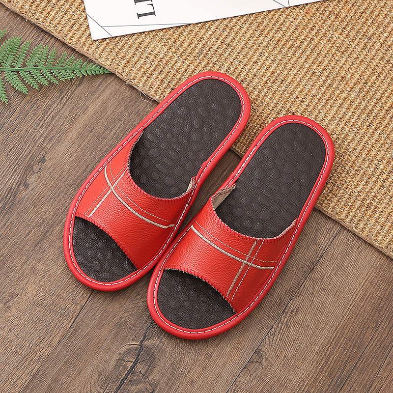 Haining Genuine Leather Slippers Summer Indoor Home Sandals for Men and Women Couple Non-Slip Household Embroidered Cowhide Slippers