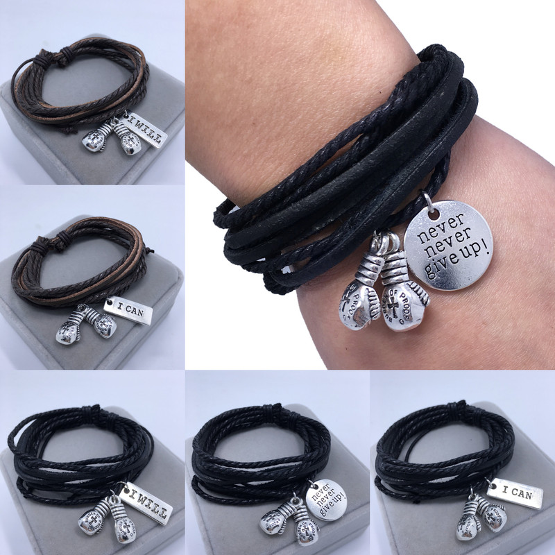 European and American Never Give Up boxing gloves sports fitness multi-layer leather rope woven bracelet