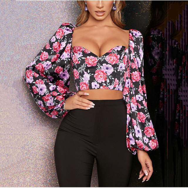 European and American short printed bubble sleeve long sleeve V-neck open navel top