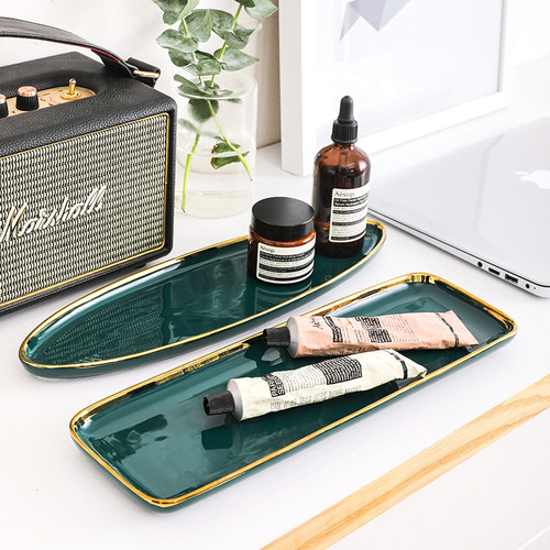 Nordic gold edge ceramic tableware dark green square bowl plate steak plate dessert plate salad bowl hotel storage tray tray