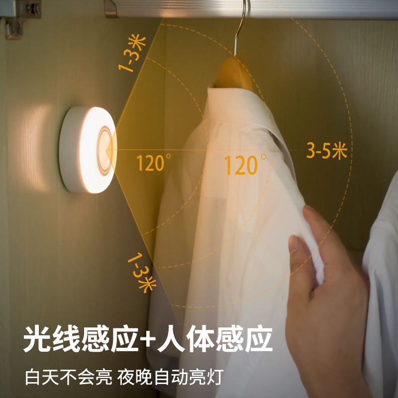 跨境热销家居led人体感应灯 usb充电圆形小夜灯 卧室床头灯橱柜灯