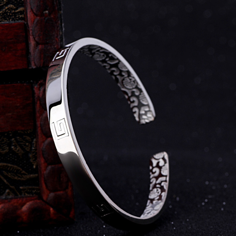 Pulsera de plata esterlina retro 990 plata pura pulsera de plata sólida abierta para personas de mediana edad regalo del Día DE LA Madre