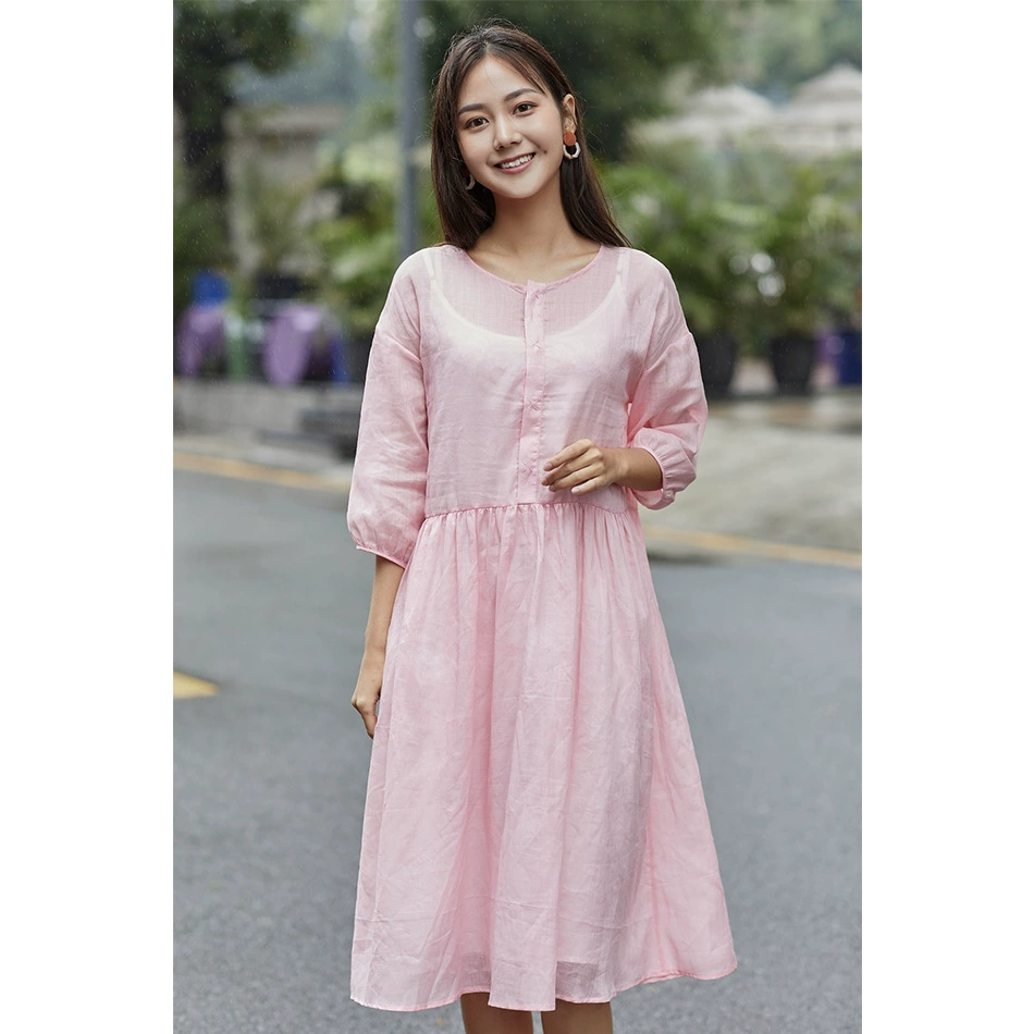 Новинка весны и лета 2020 Женская одежда, длинное платье в литературном стиле с вышивкой рами, женское платье с круглым вырезом и свободными рукавами, платье