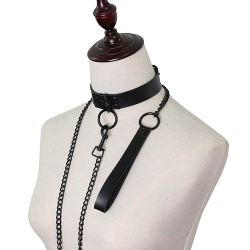 Women's men's sexy dark alternative personality leather collar necklace traction rope black nail O-shaped collar traction belt