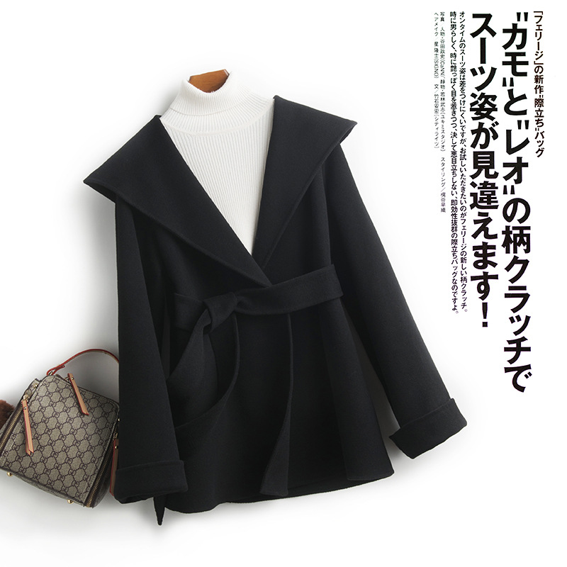 双面羊绒大衣女短款冬新款中长款收腰系带连帽斗篷羊毛呢外套显瘦