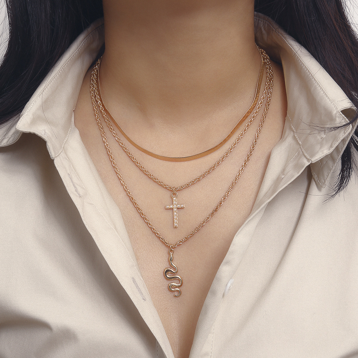 Jewelry Micro Inlaid Imitation Pearl Cross Necklace Female Twisted Snake Shape Personality Multilayer Pendant Necklace
