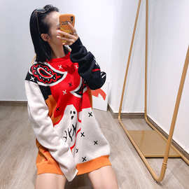 特不退换 ins超火中长款卡通长袖小众毛衣针织衫套头拼色女装