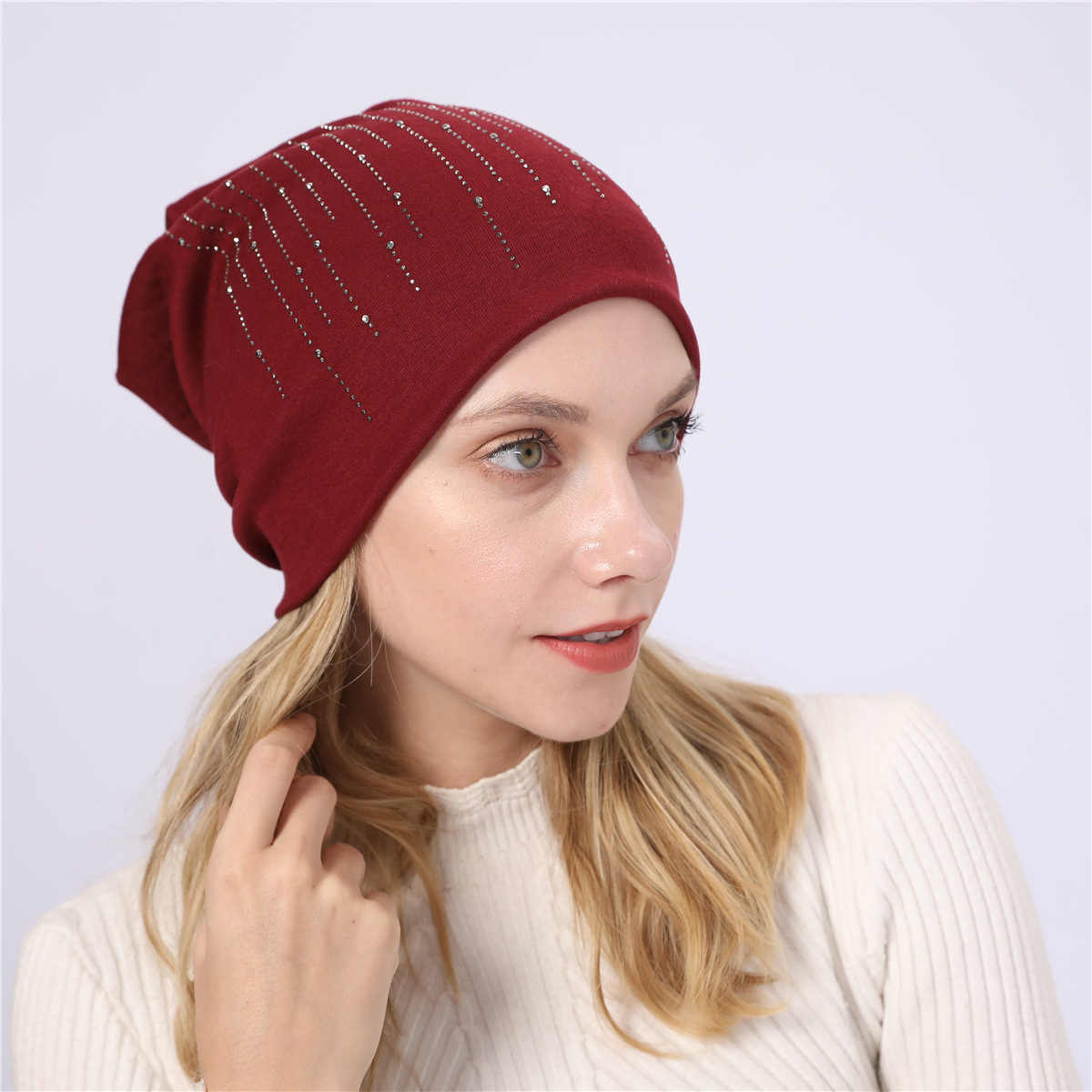 M965 nouveau automne/hiver Couple pull Double couche Imitation cachemire chaud diamant coton tissu chaud clair de lune chapeau_voghion.com