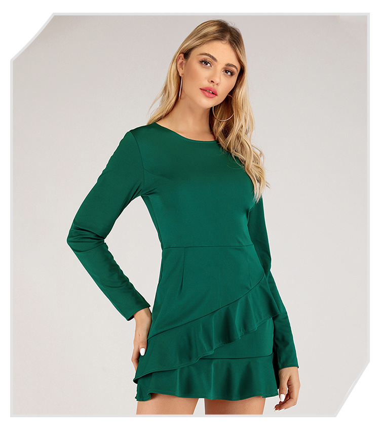 wholesale Ropa de mujer Nihaostyles color sólido cuello redondo cintura delgada vestido de manga larga con volantes irregulares NSJR66108