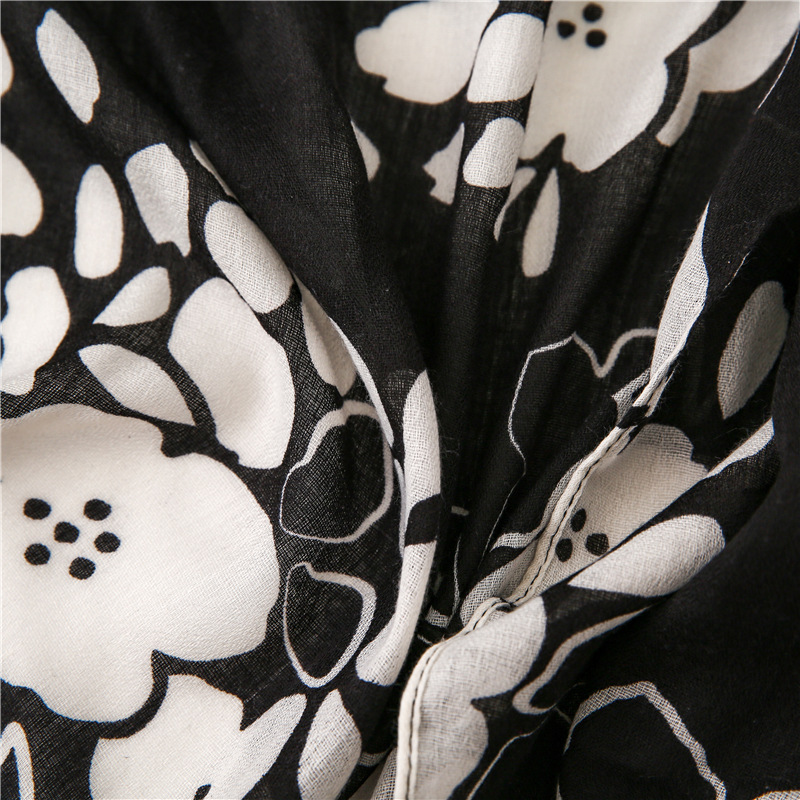 200g Weight Flower Pattern Women'S Gender Sweet Style Black And White Printed Cotton And Linen Scarf Sunscreen Scarf Silk Scarf Long Shawl 7