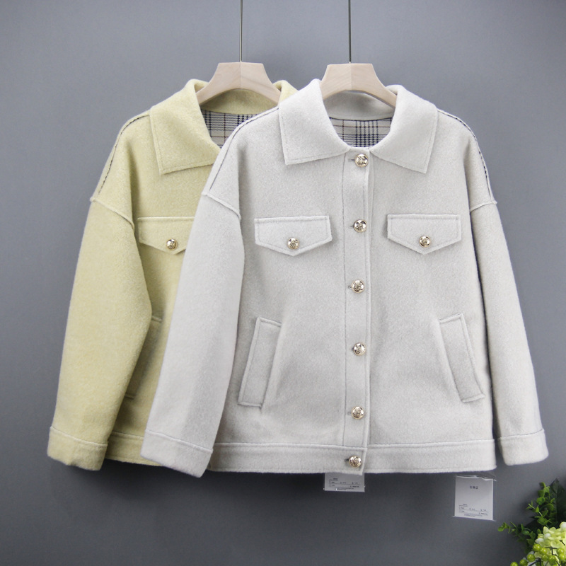 創意款2019秋季休閑韓版長袖翻領直筒型女式毛呢外套廠家直銷