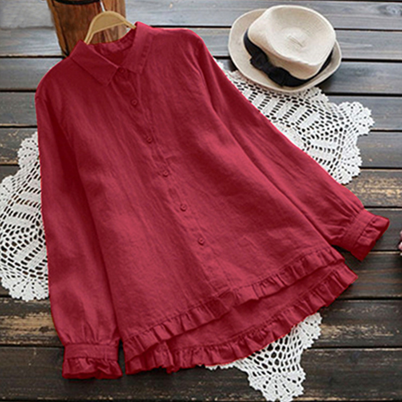 2022 Spring New Japanese Style Loose Cotton Linen Top Women's A- shape Solid Color Large Size Shirt Ruffled Cotton Linen Shirt Women 2022 Spring New Japanese Style Loose Cotton Linen Top Women's A- shape Solid Color Large Size Shirt Ruffled Cotton Linen Shirt Women