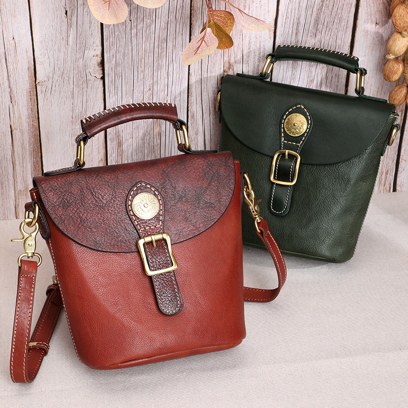 Baobaonv 2021 new pattern genuine leather Female bag manual Retro cowhide Handbag Versatile One shoulder Inclined shoulder bag Bucket bag