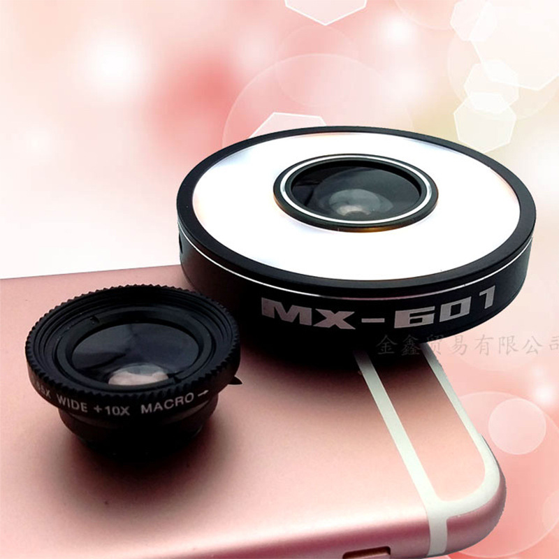 手机镜头六合一补光灯 外置广角微距镜头 LED灯主播拍照美颜通用