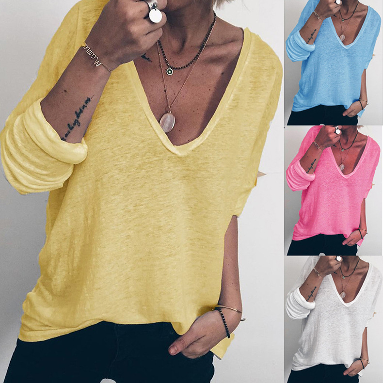  casual loose long-sleeved V-neck printed T-shirt NSKX5951