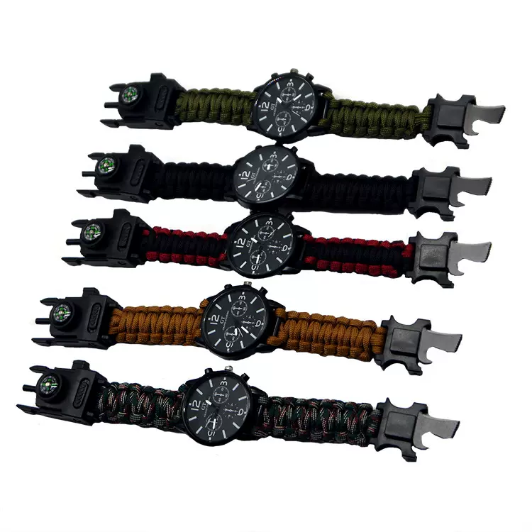 伞绳手表户外多功能求生LED灯户外手表防水野营急救伞绳登山表