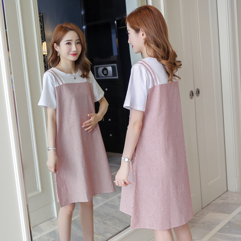 Spring and Summer New Pregnant Women's Short-sleeved Dress Korean-style Loose Striped Dress Mid-length Strap Pregnant Women's Dress Spring and Summer New Pregnant Women's Short-sleeved Dress Korean-style Loose Striped Dress Mid-length Strap Pregnant Women's Dress