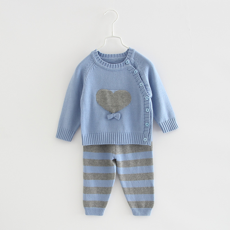 Primavera y otoño bebé suéter ropa infantil de algodón cuello redondo bebé de punto camisa de punto a rayas pantalones de punto traje de dos piezas