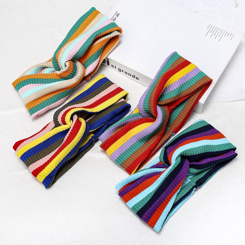 Rainbow Striped Knit Sports Headband Elastic Wool Headband display picture 2