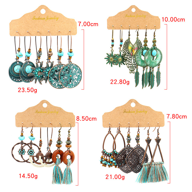 1 Set Retro Bohemian Round Water Droplets Flower Irregular Tassel Inlay Alloy Turquoise Drop Earrings display picture 1