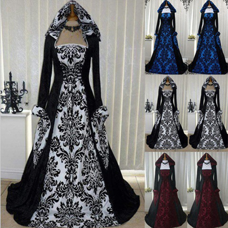 2023wish European and American Retro Long Sleeve Lace-up Waist Hooded Dress Printed Court Dress