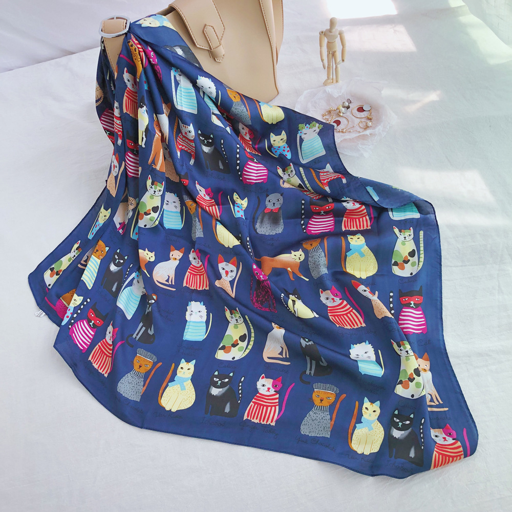 Sweet, Korean Style Style Women'S Sweet Korean Style Cat Satin Printing Silk Scarf