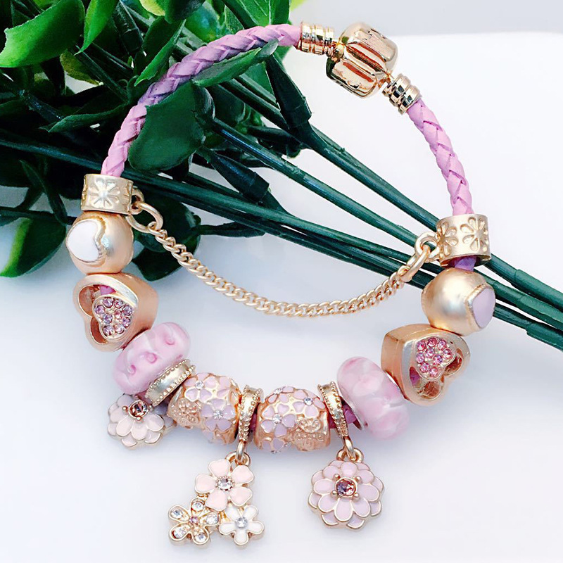 Pink leather rope bracelet large hole flower glass beads bauhinia pendant clover DIY beads Korean style