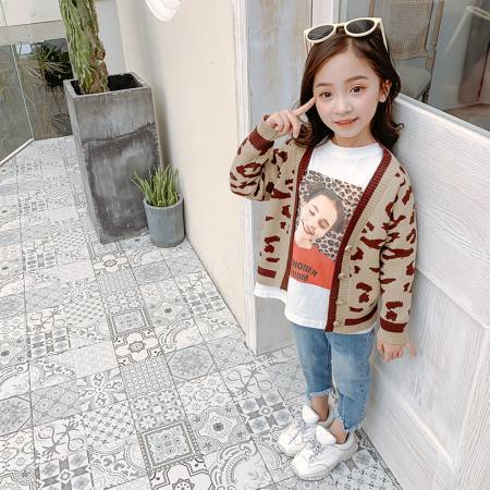 女童豹纹毛衣开衫2019春装新款宝宝外套儿童V领针织开衫男童外套|ru