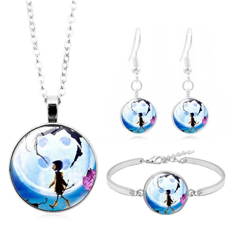 Набор серег и подвесок Ghost Mama Coraline Time Gem Necklace Silver Bracelet Earrings Jewelry Set Wholesale