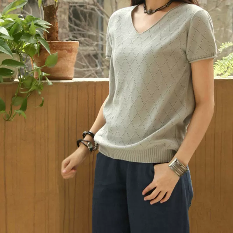 夏季新款休闲宽松短薄纯棉V领女士线衣文艺韩版t恤女短袖工厂直销