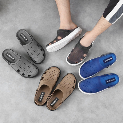 新款包頭涼鞋男時尚外穿情侶涼拖鞋透氣镂空洞洞鞋防滑學生沙灘鞋