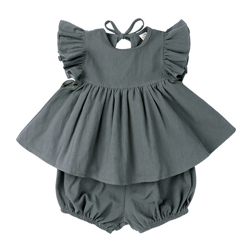 Foreign trade children's clothing Korean style girls summer cotton and linen suit baby girl thin flying sleeve top shorts two-piece set
