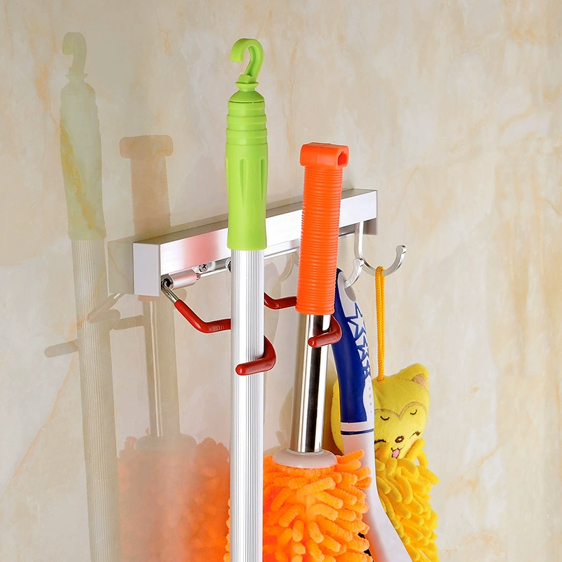 Factory hot selling multifunctional space aluminum mop broom rag holder with hook balcony bathroom 2 tow 2 hanging