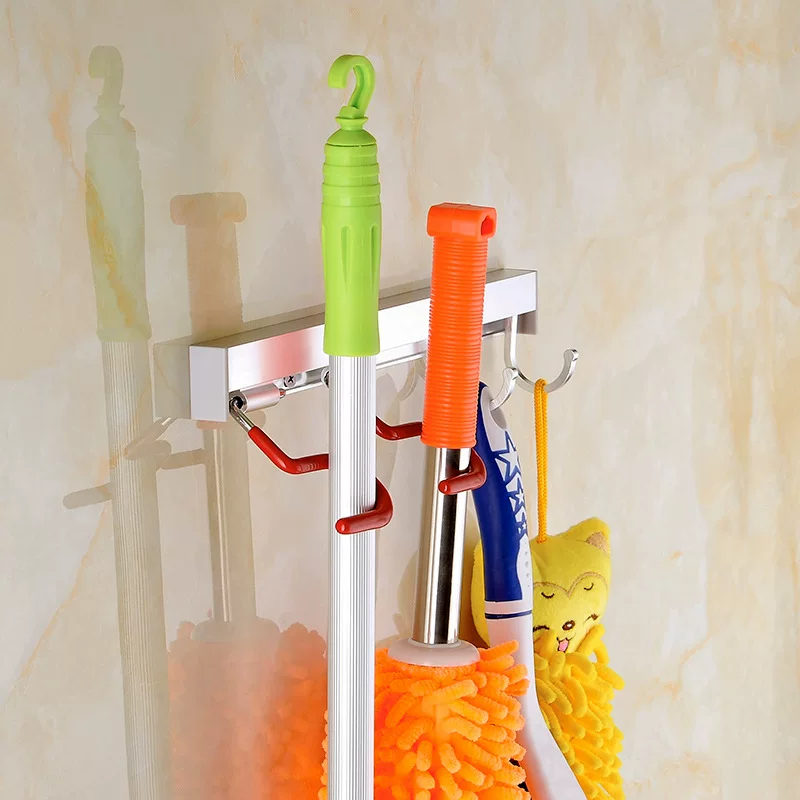 Factory hot selling multifunctional space aluminum mop broom rag holder with hook balcony bathroom 2 tow 2 hanging