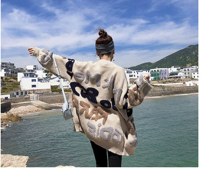 Primavera y otoño nueva suelta perezoso suéter abrigo de las mujeres de media longitud estilo coreano letras engrosada punto cardigan moda image 7