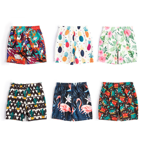 Children's beach pants with cartoon pattern, five-point loose casual shorts, men's and women's, middle-aged and older children's vacation and travel boxer swimming trunks