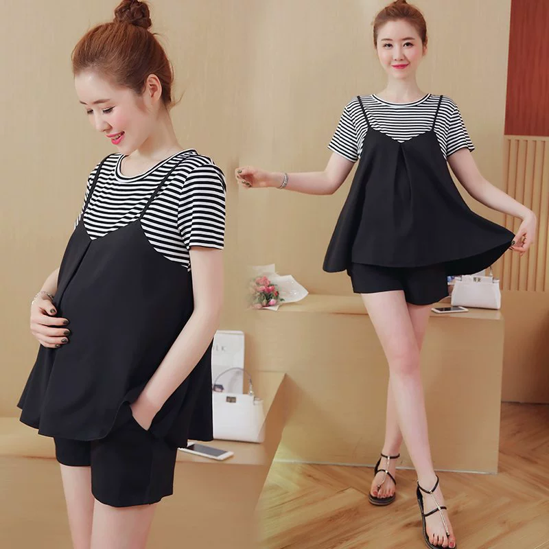  Summer set for pregnant, shorts with belly support, trousers, Korean style, with short sleeve