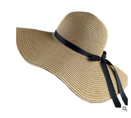 帽子女夏天沙滩帽海边渡假帽 蝴蝶结飘带遮阳帽女防晒草帽可折叠