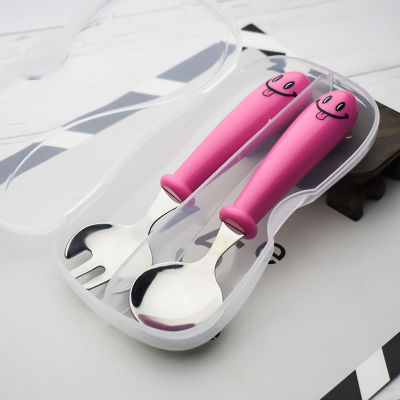 不锈钢儿童叉勺304勺子叉子宝宝便携式套装餐具婴儿训练勺带盒子B|ru