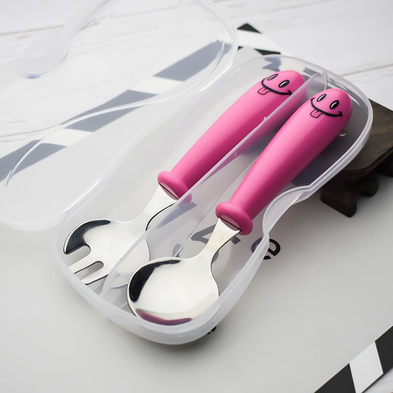 不锈钢儿童叉勺304勺子叉子宝宝便携式套装餐具婴儿训练勺带盒子B|ru