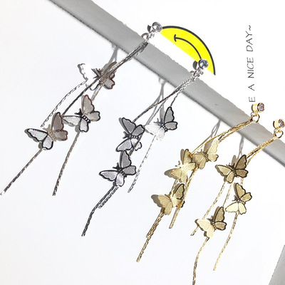 S925银复古手作蝴蝶耳饰仙气文艺复系耳环银针长款14K包金饰品女|ru