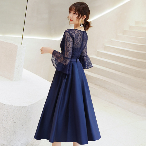 Annual meeting wedding party bridesmaid evening dress for women singer choir miss etiquette lace mid-length navy blue banquet fairy dress