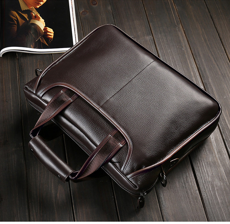 Túi đeo chéo nam da bò thật vân vải thiều, túi đeo vai ngang kiêm túi xách công sở 37×27×9 cm — Màu cà phê, Màu đen chi tiết 4