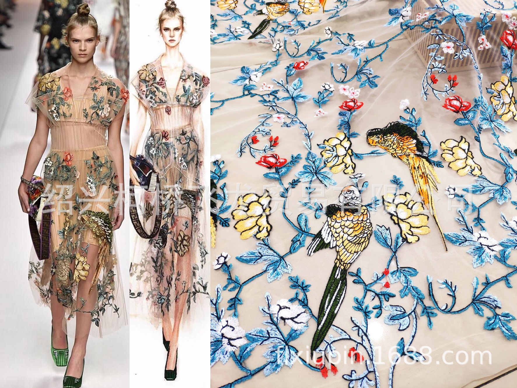 Fend*走秀款网纱绣花面料刺绣满幅多色绣蕾丝花边连衣裙鹦鹉