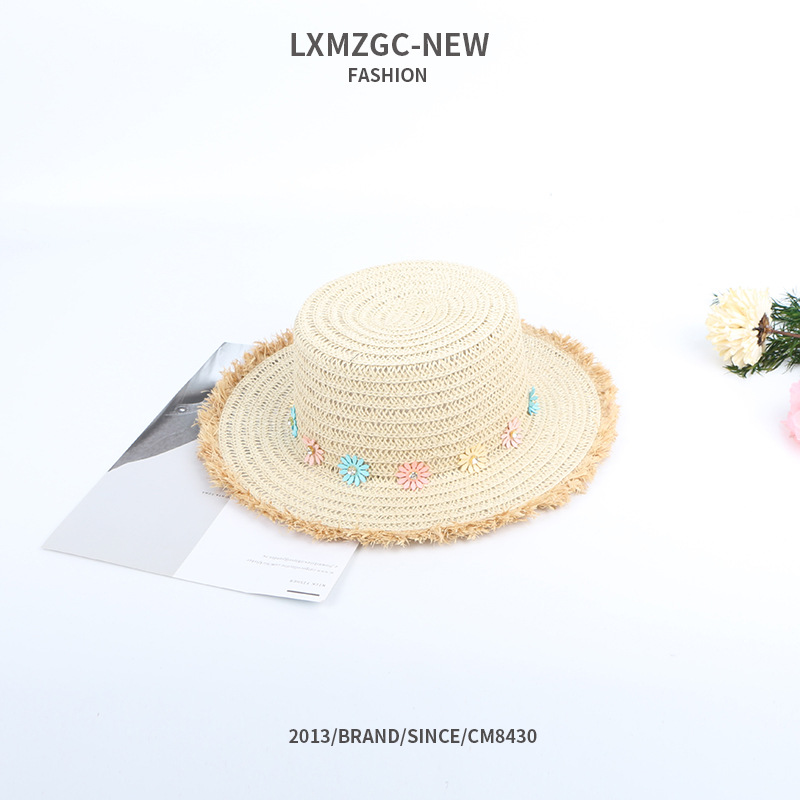 Children's Raw Edge Color Matching Flower Flat Top Straw Hat display picture 5