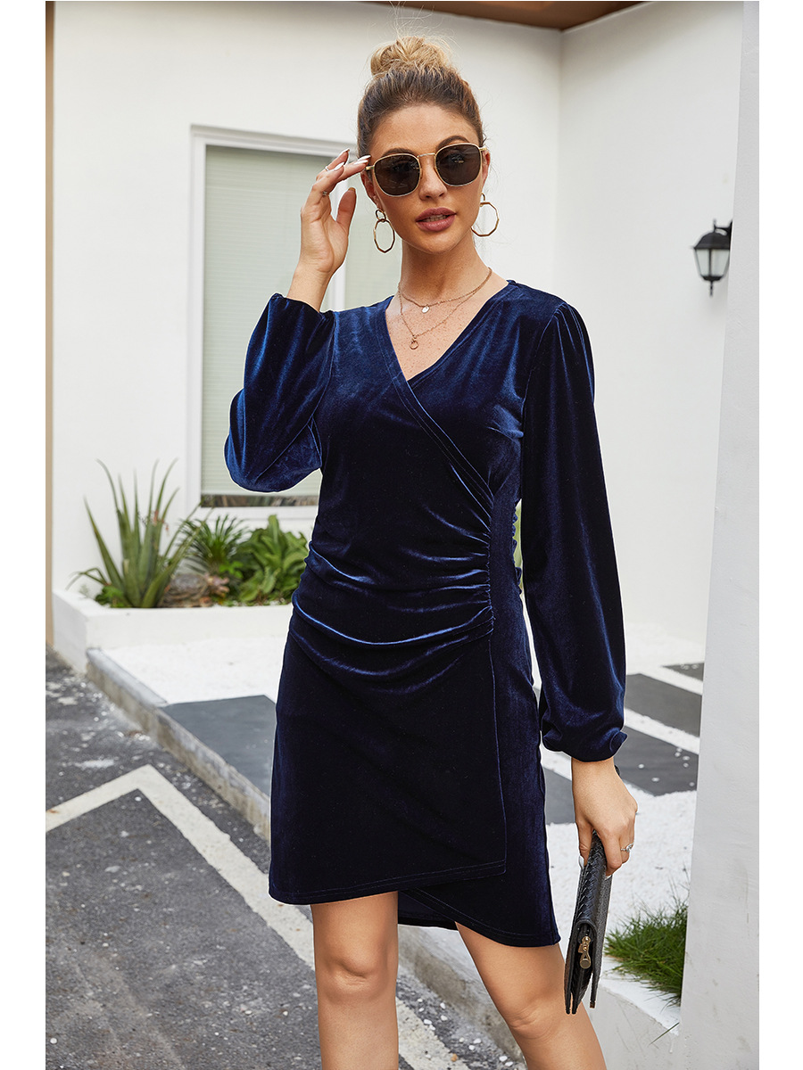 solid color long sleeves V-neck dress nihaostyles clothing wholesale NSAL91196