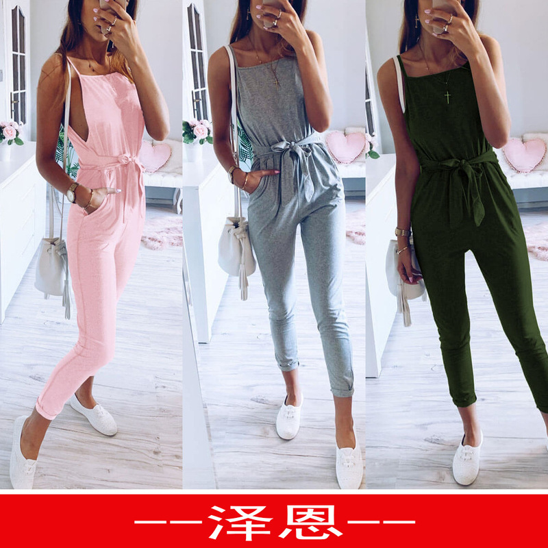 2022 Summer New eabywish Amazon Hot Sale Casual Sling Pocket Backless Lace-Up Jumpsuit