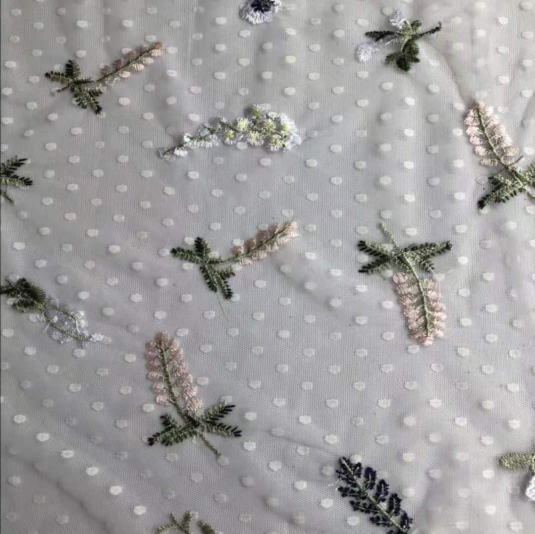 新款涤圆点提花网布底布麦穗花立体刺绣 小清新裙装面料 黑白现货