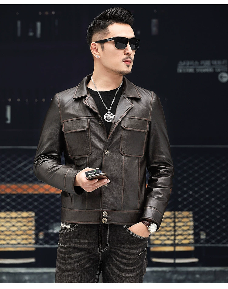 Leather jacket, cowhide, genuine leather, square neckline