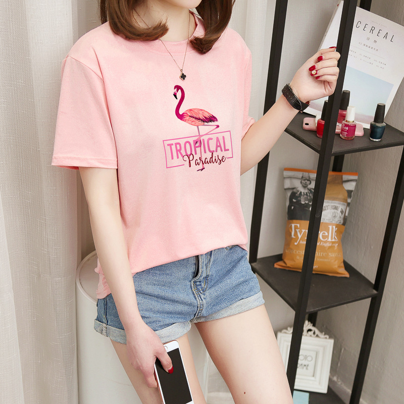 Women Pink Flamingo Printed Loose Fit T-Shirt Summer 2025